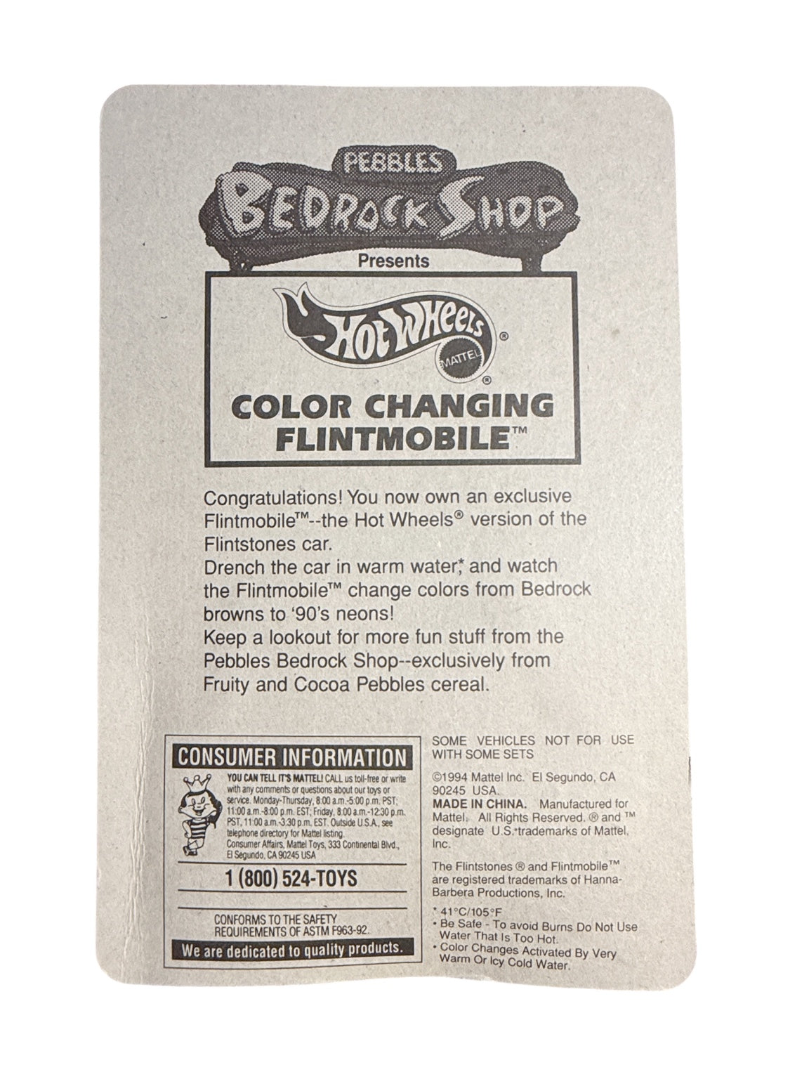 1994 Hot Wheels Flintmobile Pebbles Bedrock Shop Exclusive back