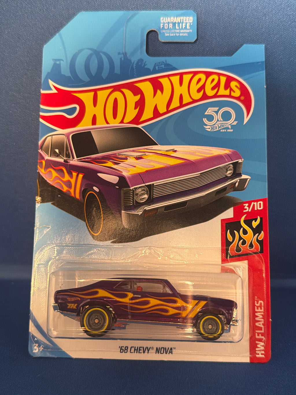 2018 Hot Wheels HW Flames ‘68 Chevy Nova Super Treasure Hunt Purple — front view