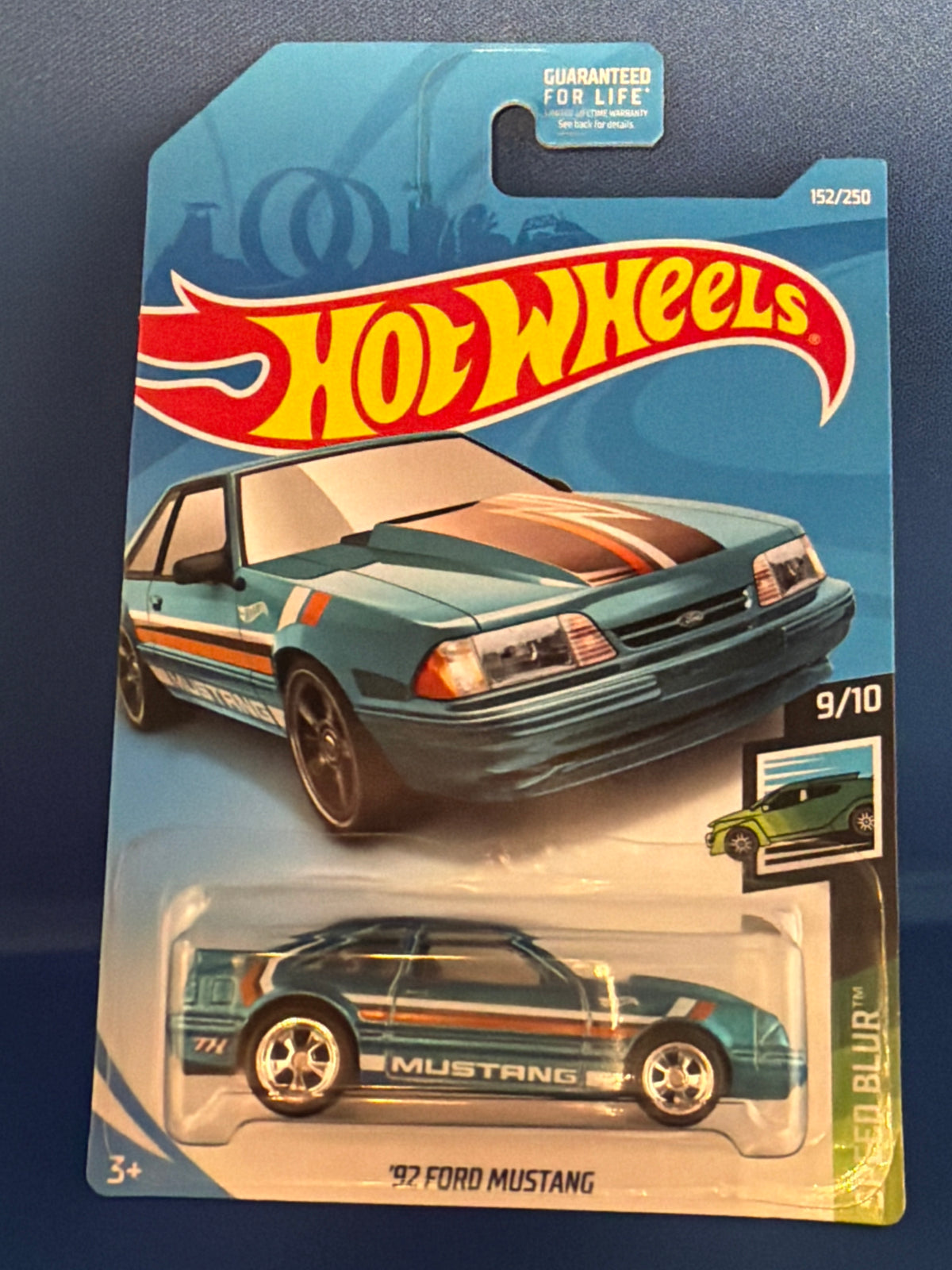 Hot Wheels '92 Ford Mustang Speed Blur Blue Super Treasure Hunt — front view