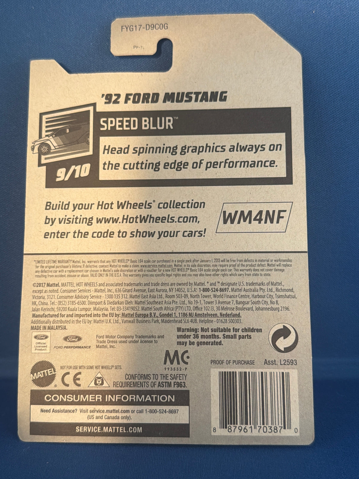 Hot Wheels '92 Ford Mustang Speed Blur Blue Super Treasure Hunt — back view