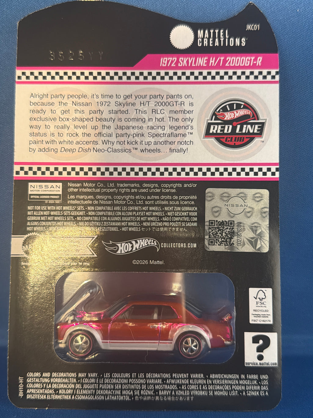 2026 Hot Wheels RLC 1972 Skyline H/T 2000GT-R Pink JKC01 Club Exclusive — back view