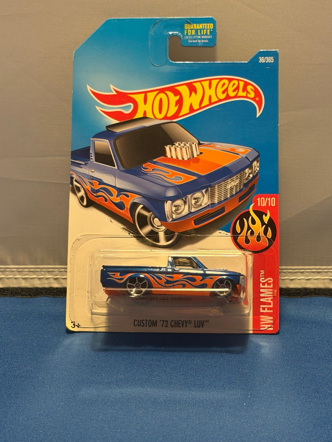 2017 Hot Wheels Custom ’72 Chevy LUV blue with orange flames, sealed card front