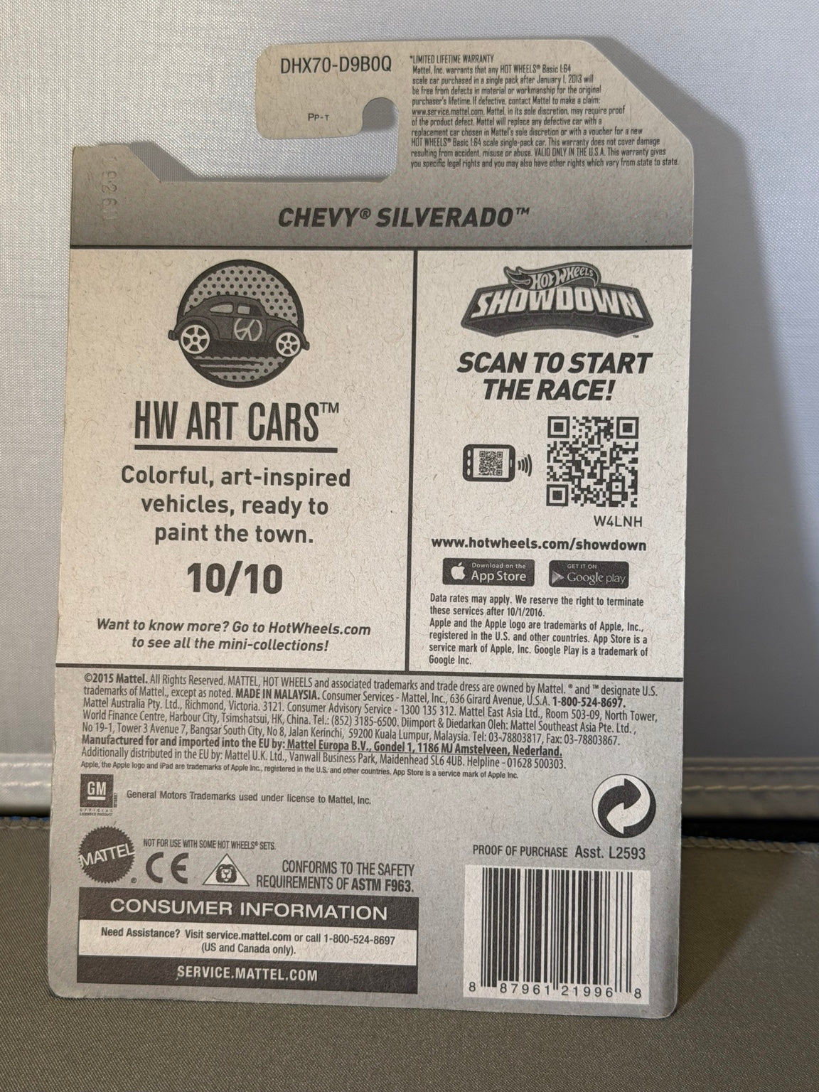 2016 Hot Wheels Chevy Silverado Red HW Art Cars 10/10 200/250 DHX70 — back of original packaging
