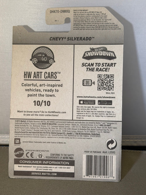 2016 Hot Wheels Chevy Silverado Red HW Art Cars 10/10 200/250 DHX70 — back of original packaging