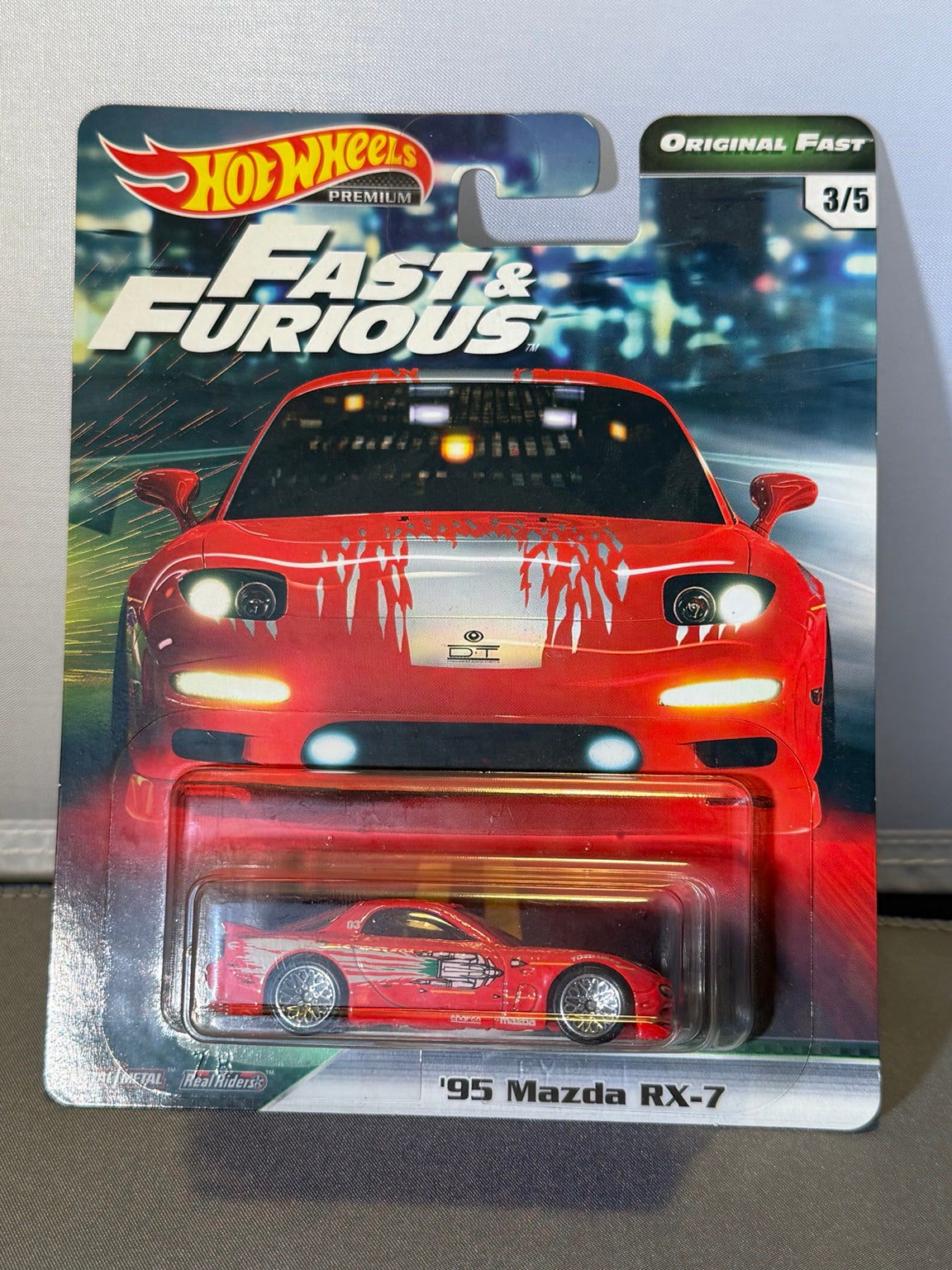 Hot Wheels Premium Fast & Furious Original Fast '95 Mazda RX-7 3/5 GBW82 — front of original packaging