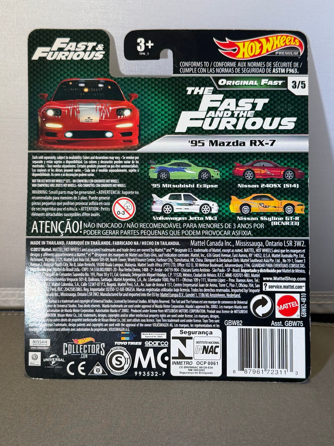 Hot Wheels Premium Fast & Furious Original Fast '95 Mazda RX-7 3/5 GBW82 — back of original packaging