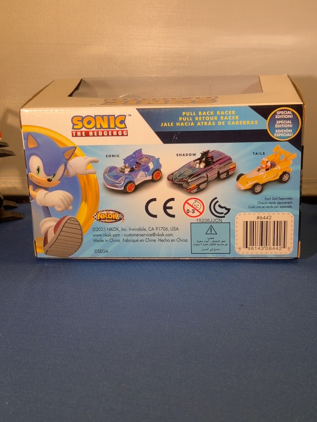 Actual back of boxed Sonic Shadow racer with item number 6442
