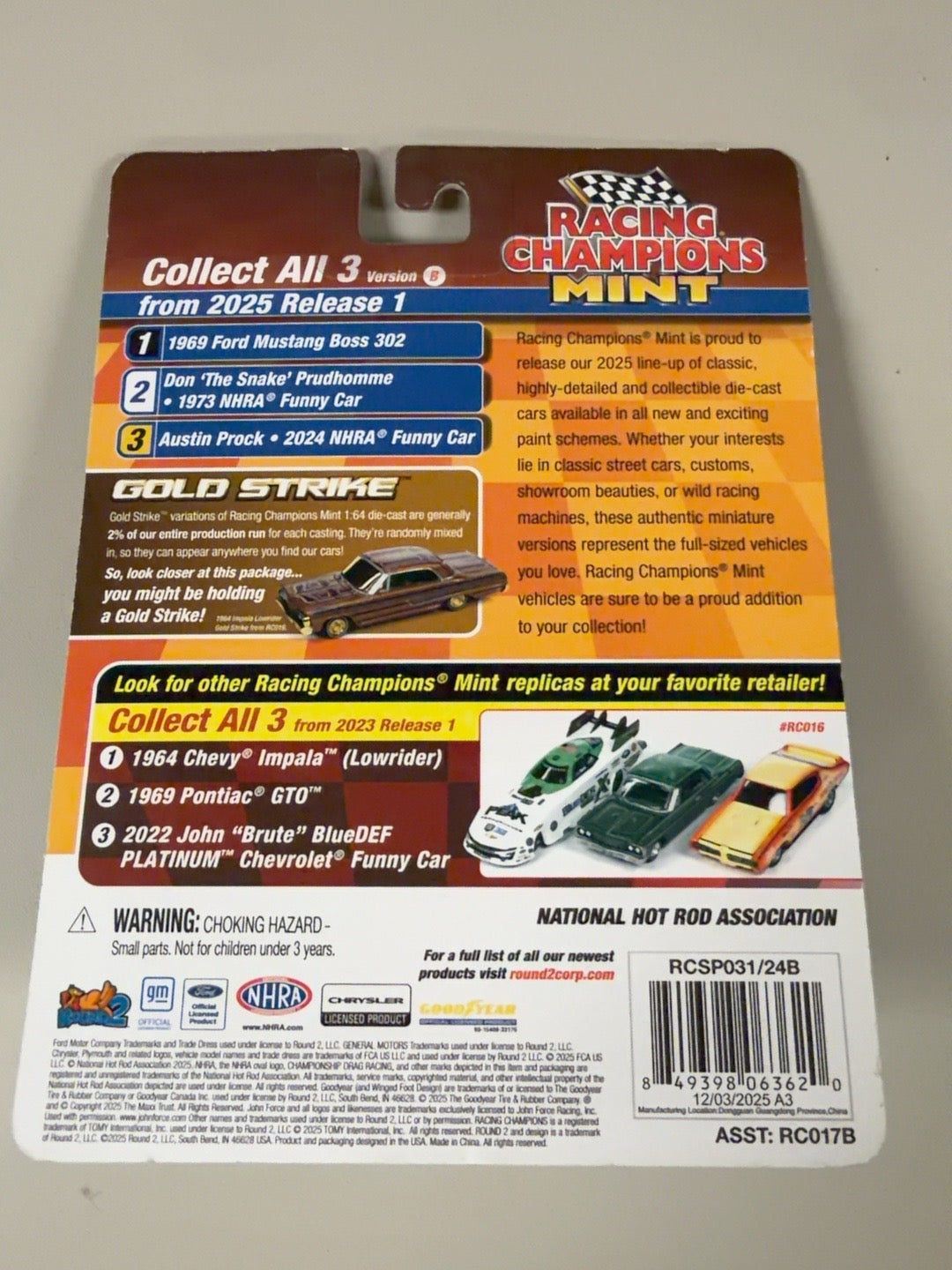 2025 Racing Champions Mint 1969 Ford Mustang Boss 302 Yellow Release 1 B — back of original packaging