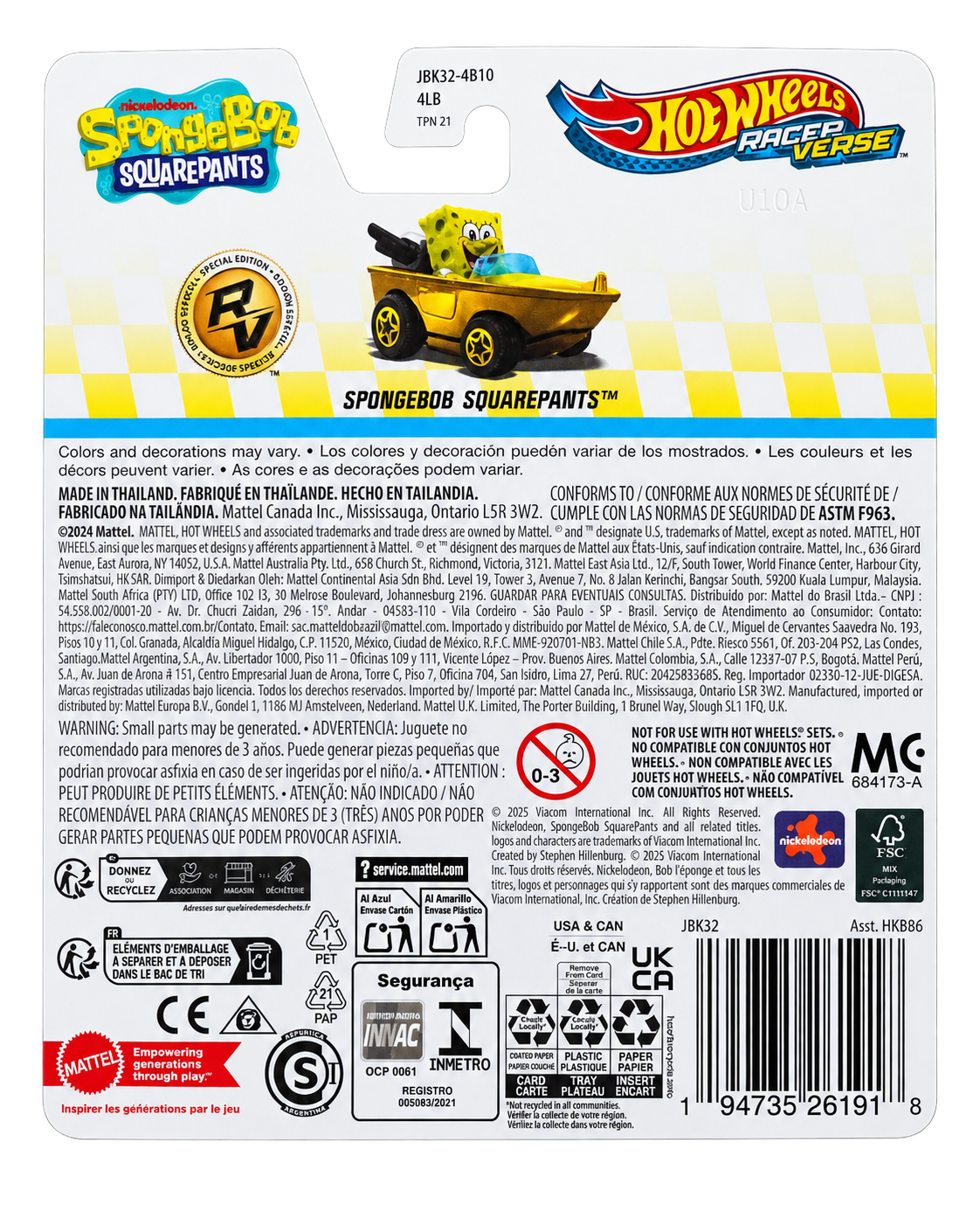 Hot Wheels RacerVerse SpongeBob SquarePants Special Edition back