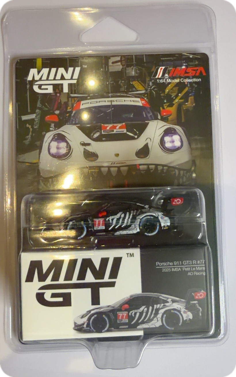 MINI GT Porsche 911 GT3 R #77 Skeleton Rexy 2025 IMSA Petit Le Mans front