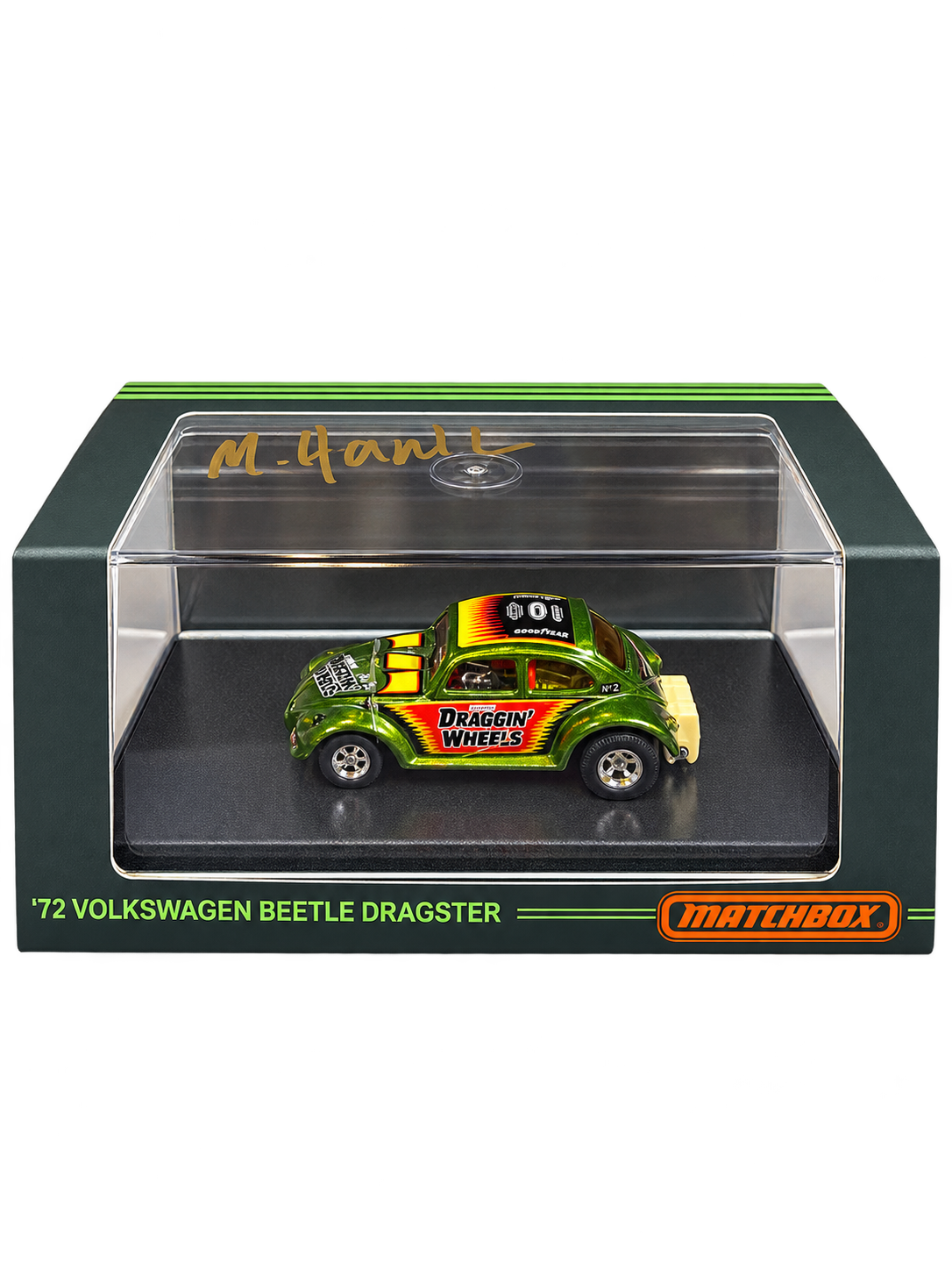 Matchbox Mattel Creations 1972 Volkswagen Beetle Dragster Michael Heralda hand-signed front