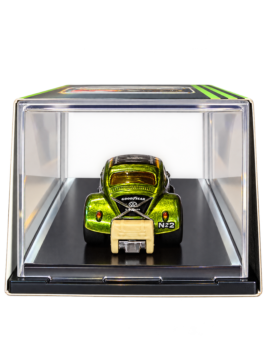 Matchbox Volkswagen Beetle Dragster front view in display case