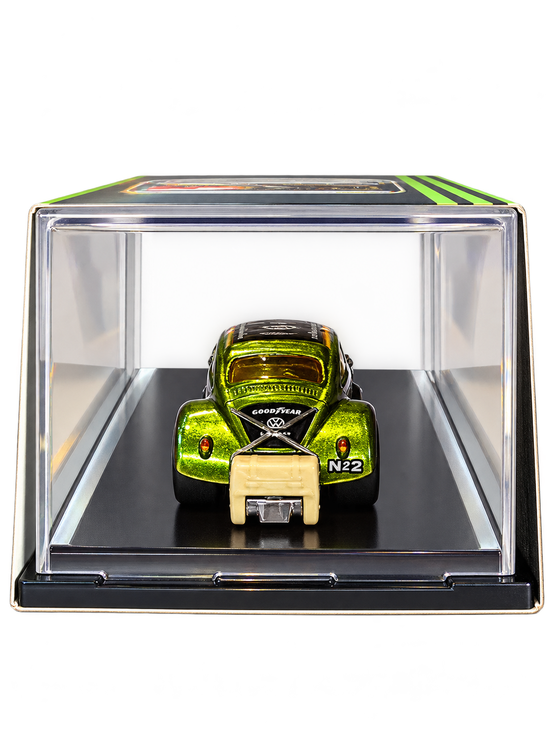 Matchbox Volkswagen Beetle Dragster front view in display case