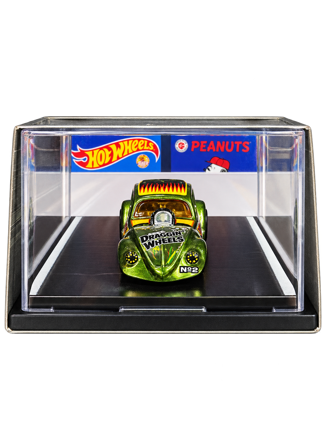 Matchbox Volkswagen Beetle Dragster rear view in display case