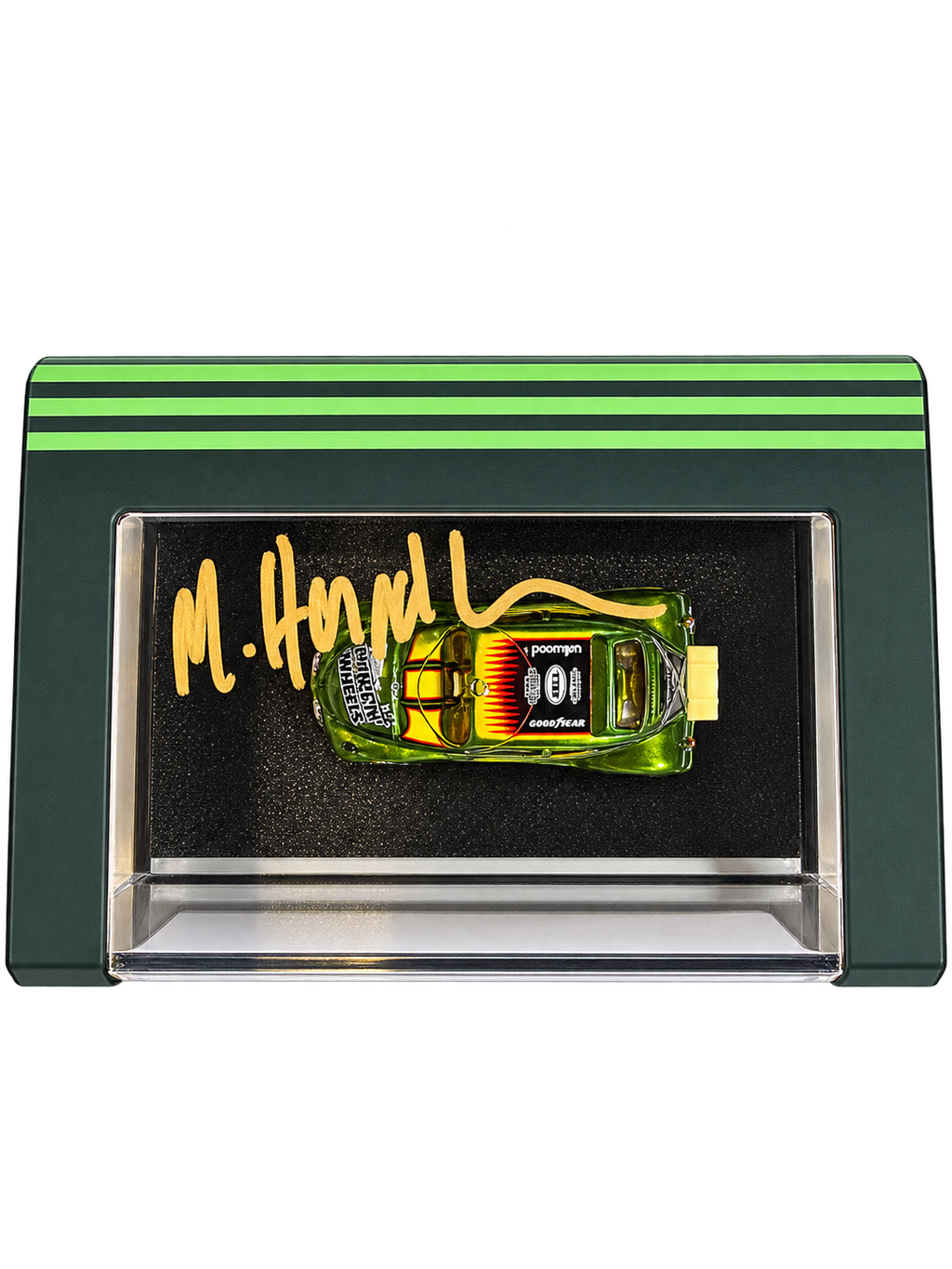 Michael Heralda signature on Matchbox Volkswagen Beetle Dragster display case