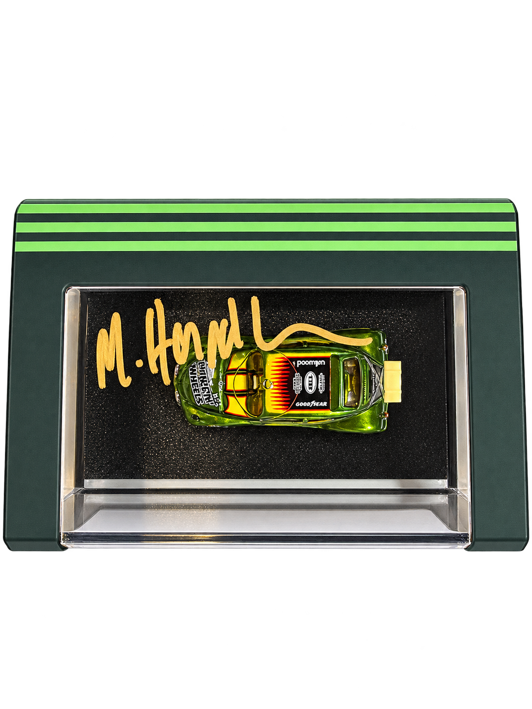 Michael Heralda signature on Matchbox Volkswagen Beetle Dragster display case