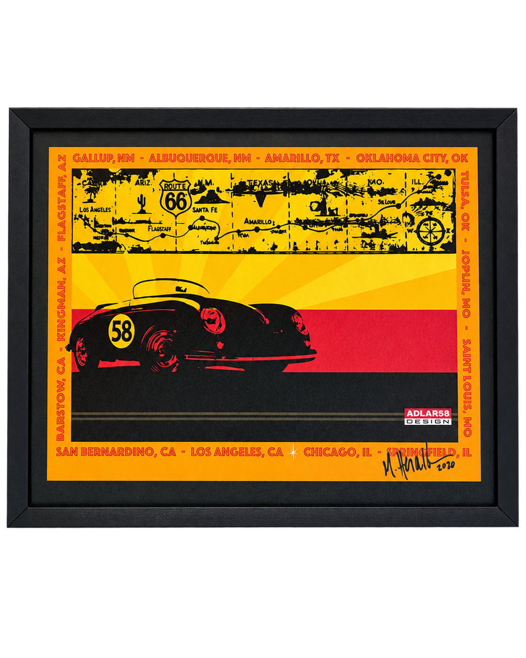 Michael Heralda ADLAR58 Route 66 hand-signed framed automotive artwork front