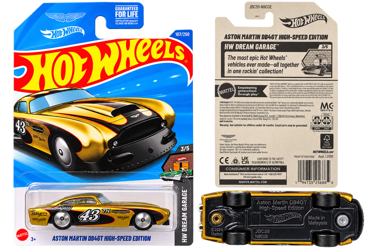 2025 Hot Wheels Aston Martin DB4GT High-Speed Edition Super Treasure Hunt underside and card detail no background