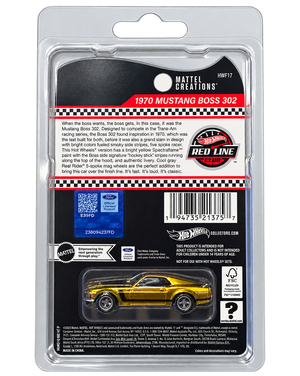 Hot Wheels RLC 1970 Ford Mustang Boss 302 HWF17 back no background