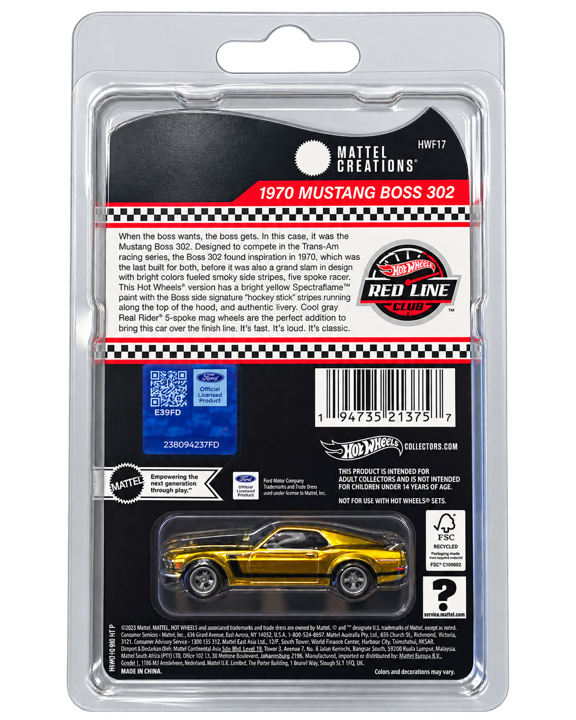 Hot Wheels RLC 1970 Ford Mustang Boss 302 HWF17 back no background