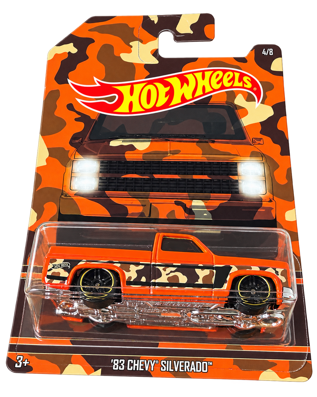 2017 Hot Wheels Camouflage Trucks '83 Chevy Silverado 4/8 orange camo angled front
