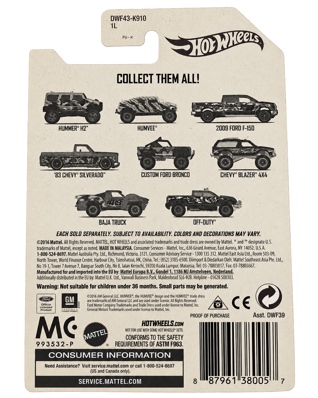 2017 Hot Wheels Camouflage Trucks '83 Chevy Silverado 4/8 package back DWF43