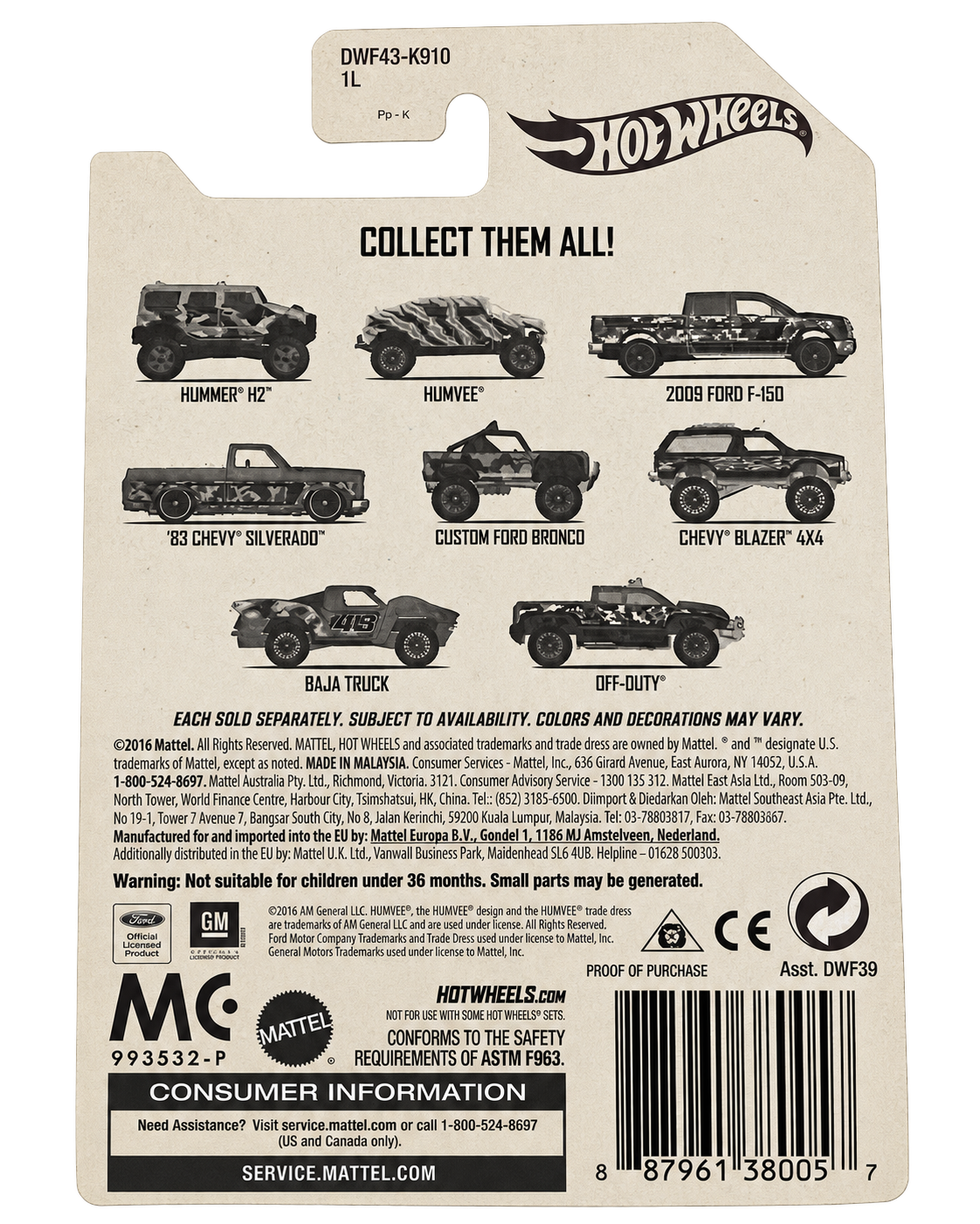2017 Hot Wheels Camouflage Trucks '83 Chevy Silverado 4/8 package back DWF43
