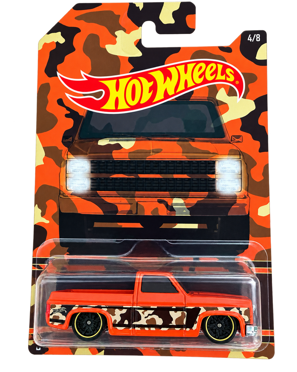 2017 Hot Wheels Camouflage Trucks '83 Chevy Silverado 4/8 orange camo front