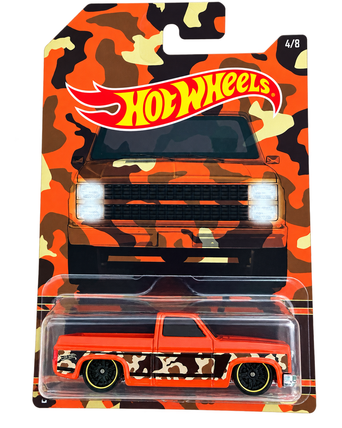 2017 Hot Wheels Camouflage Trucks '83 Chevy Silverado 4/8 orange camo front
