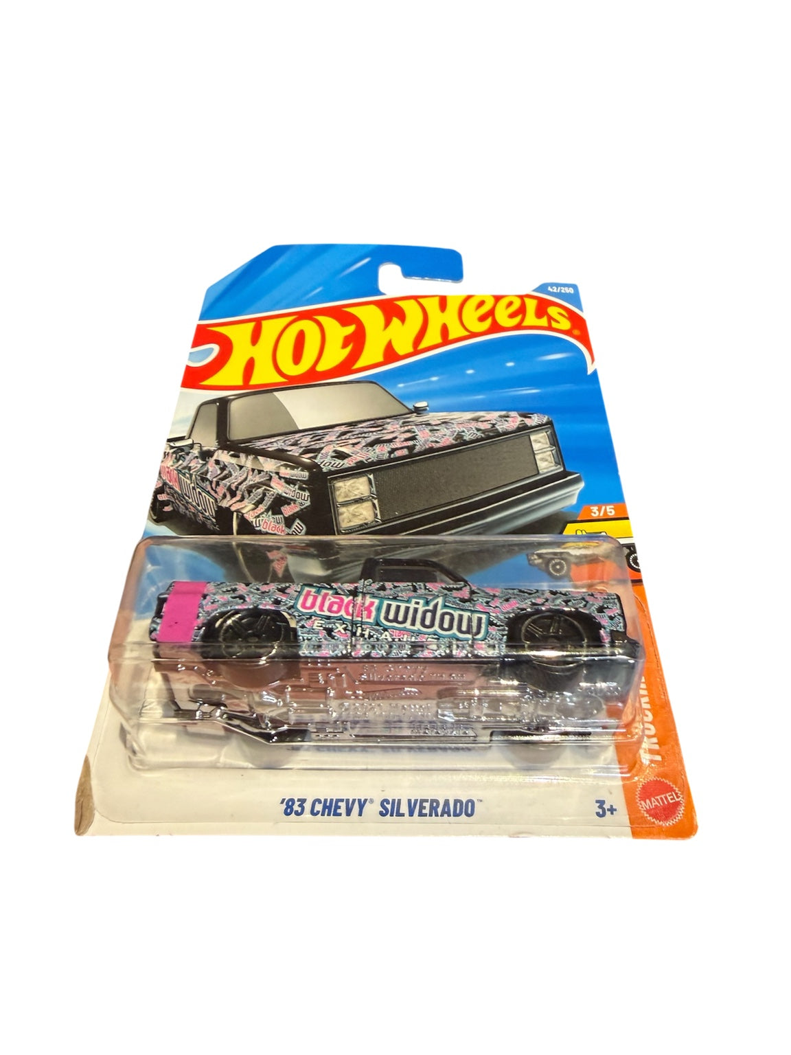 2026 Hot Wheels '83 Chevy Silverado Black Widow 42/250 angled package view