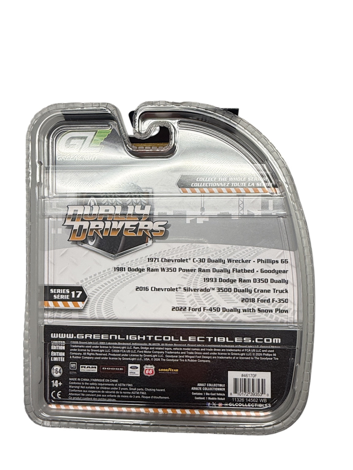 GreenLight Dually Drivers Series 17 2022 Ford F-450 Dually with Snow Plow package back