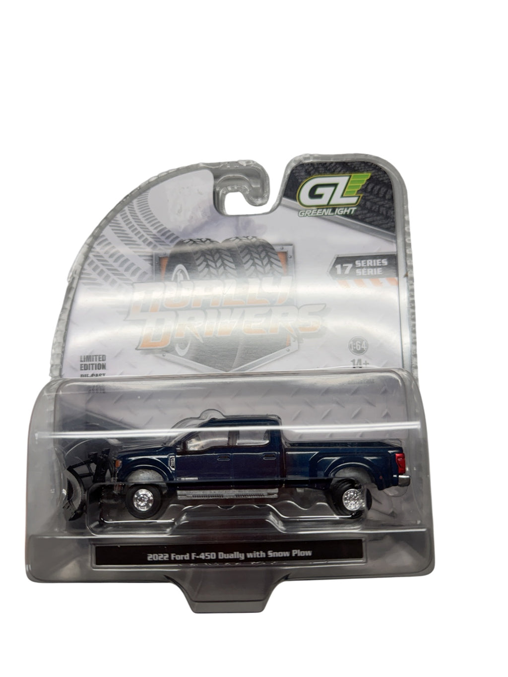 GreenLight Dually Drivers Series 17 2022 Ford F-450 Dually with Snow Plow Antimatter Blue front package
