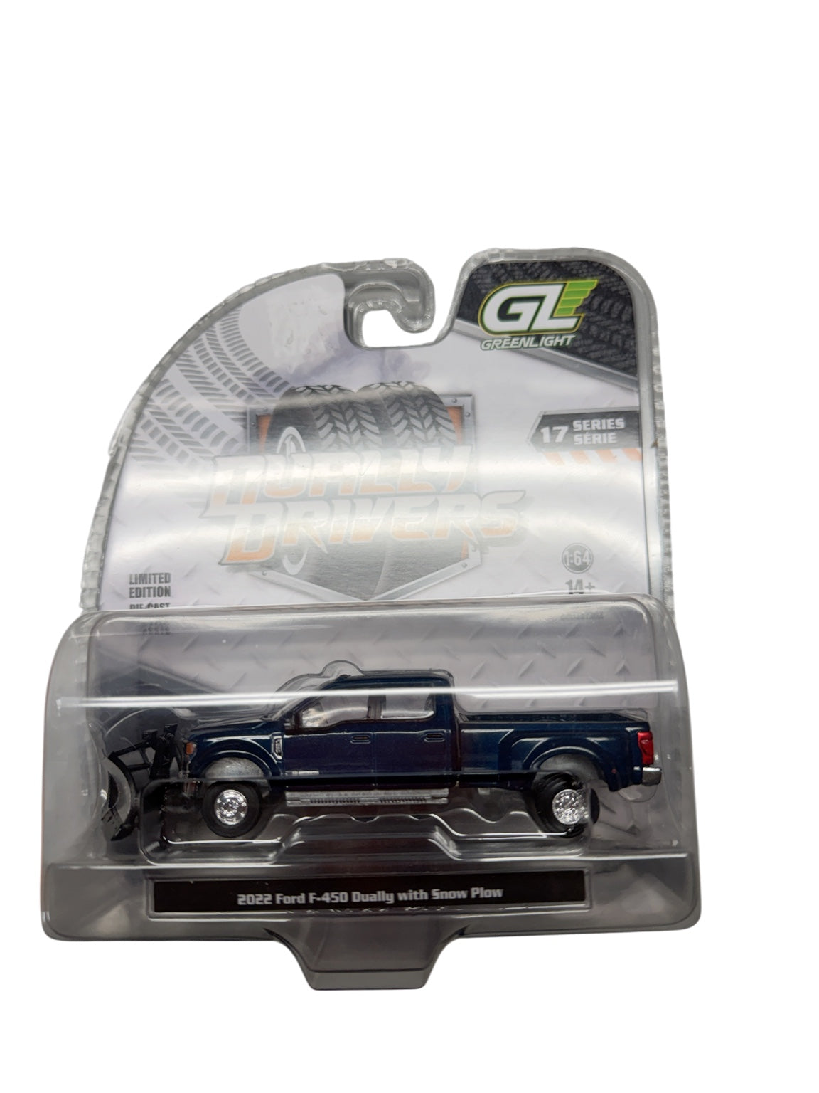 GreenLight Dually Drivers Series 17 2022 Ford F-450 Dually with Snow Plow Antimatter Blue front package