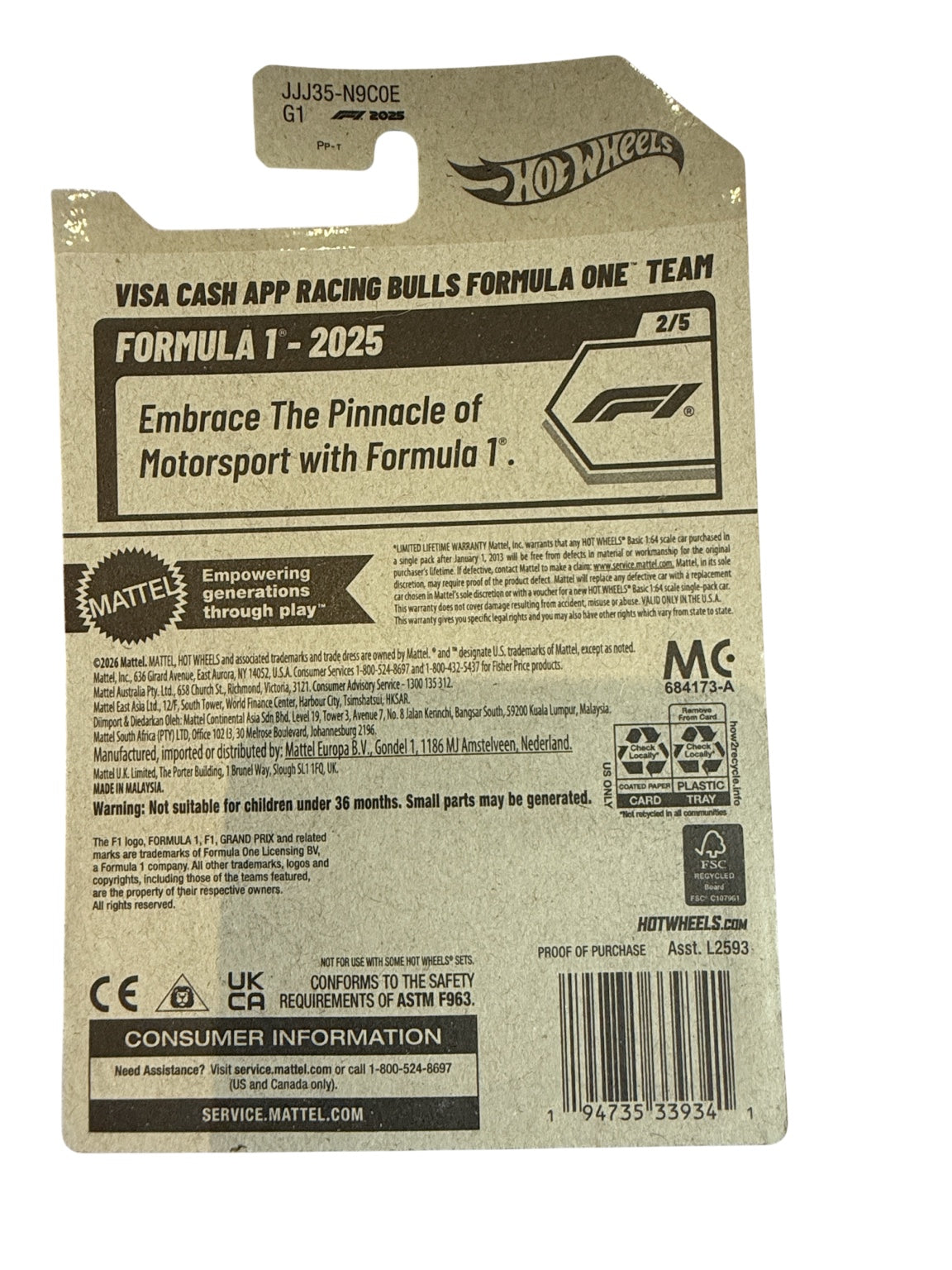2026 Hot Wheels Visa Cash App Racing Bulls Formula One Team 68/250 back card