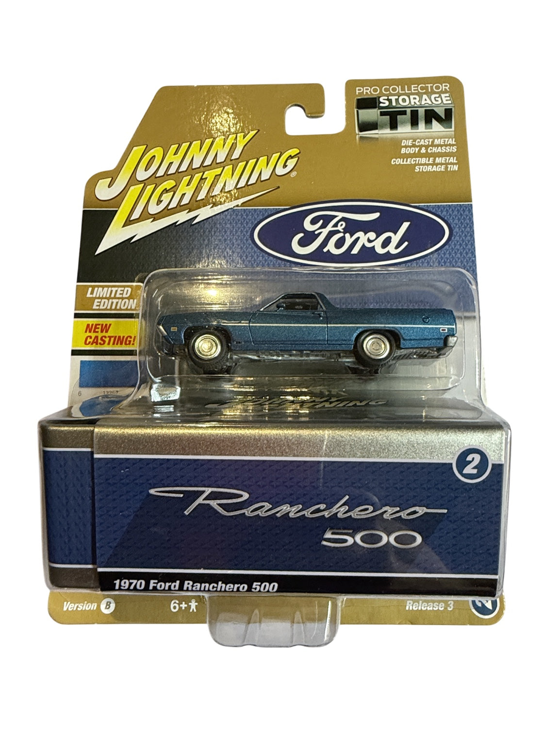Johnny Lightning Pro Collector Storage Tin 1970 Ford Ranchero 500 Acapulco Blue front package