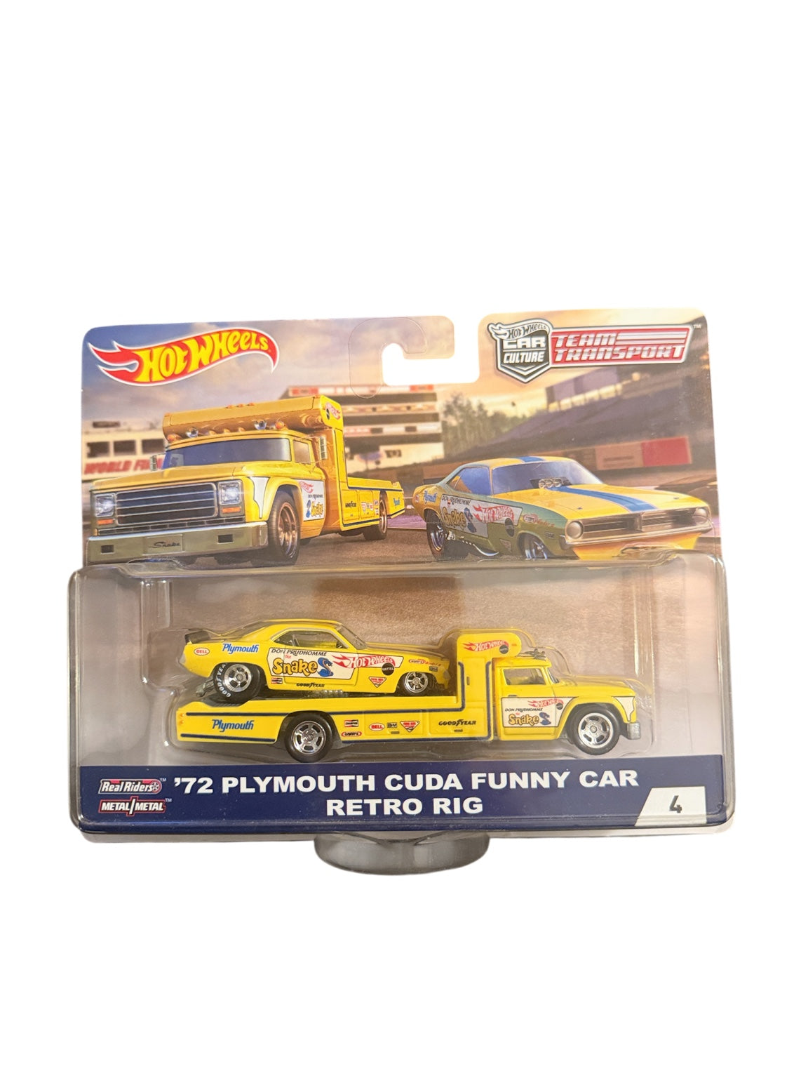 2018 Hot Wheels Premium Team Transport #4 '72 Plymouth Cuda Funny Car & Retro Rig front