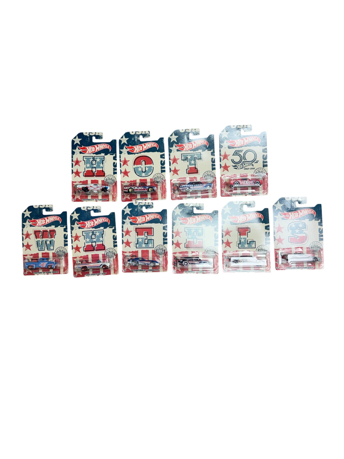 2018 Hot Wheels 50th Anniversary Stars and Stripes complete 10-car set front