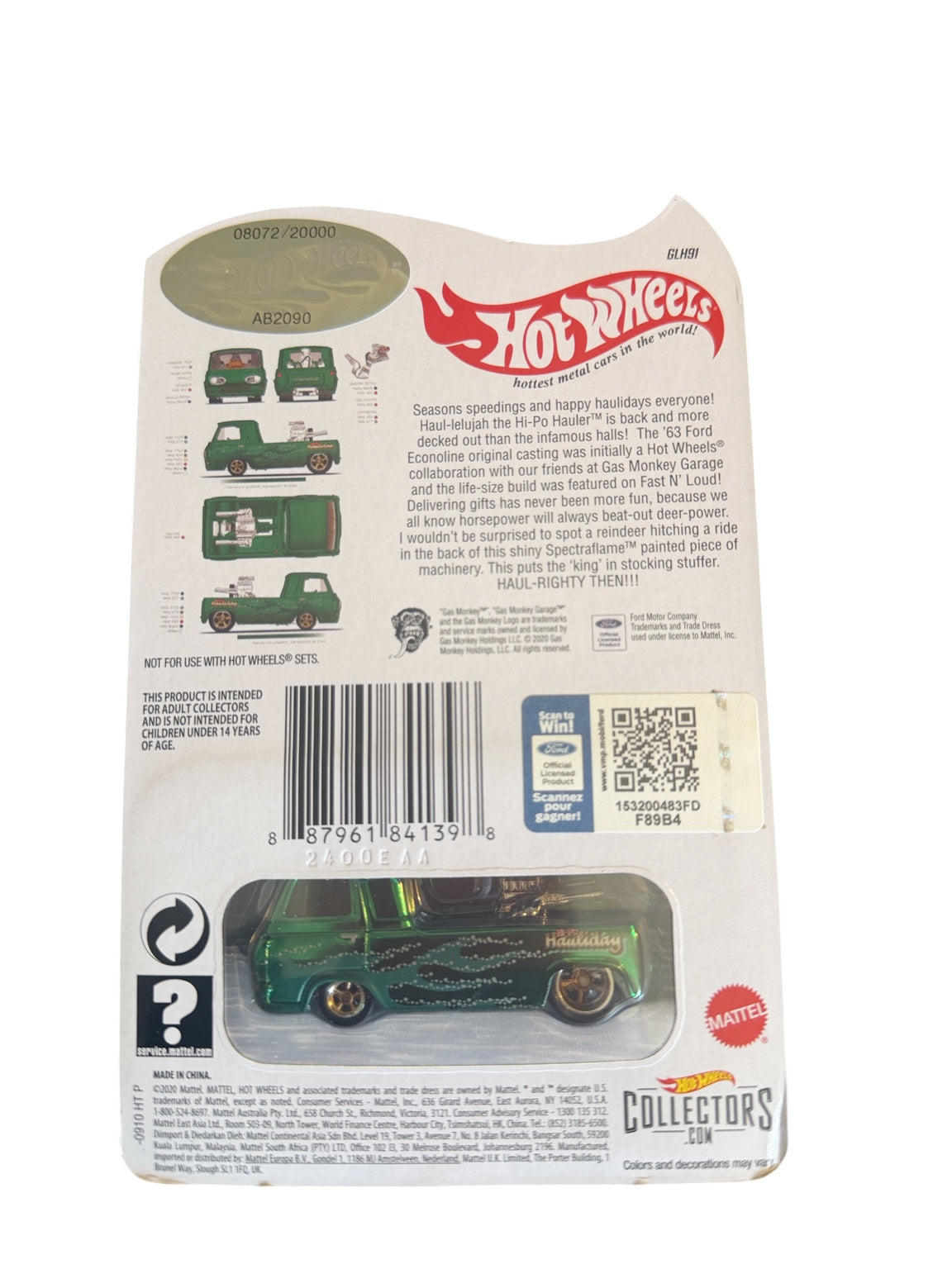 2020 Hot Wheels RLC Holiday Hi-Po Hauler Gas Monkey back serial 08072 of 20000