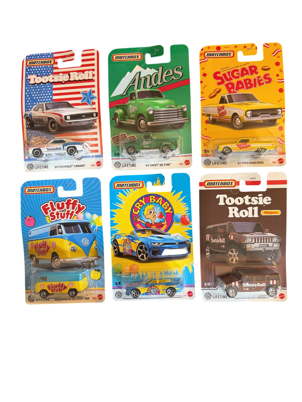 Front view of all six Matchbox Candy Series Mix 2 carded cars