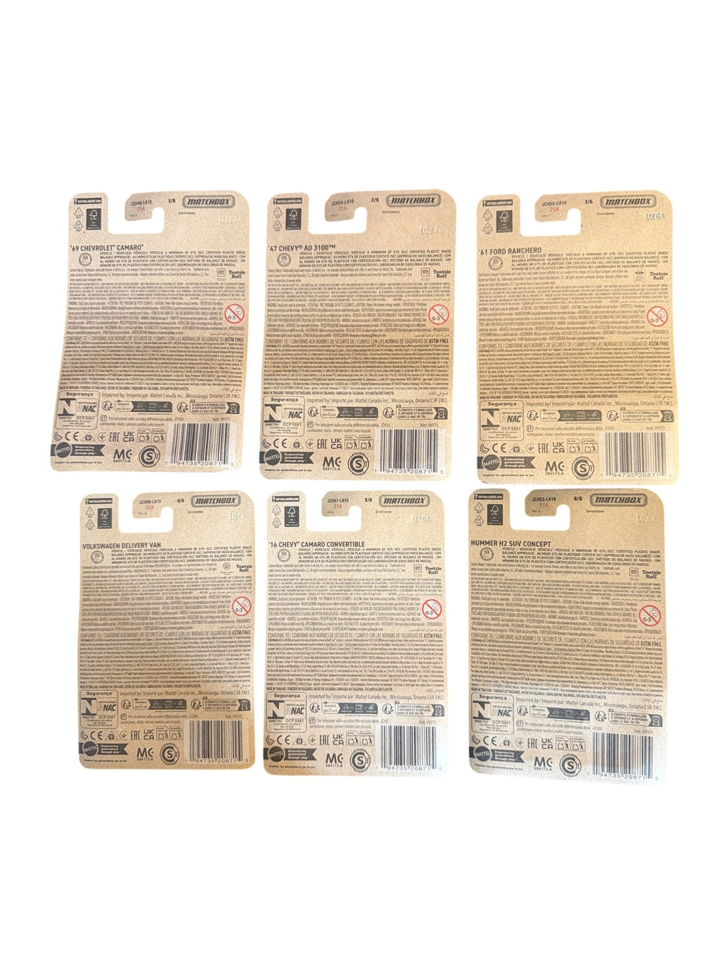 Back view of all six Matchbox Candy Series Mix 2 cards