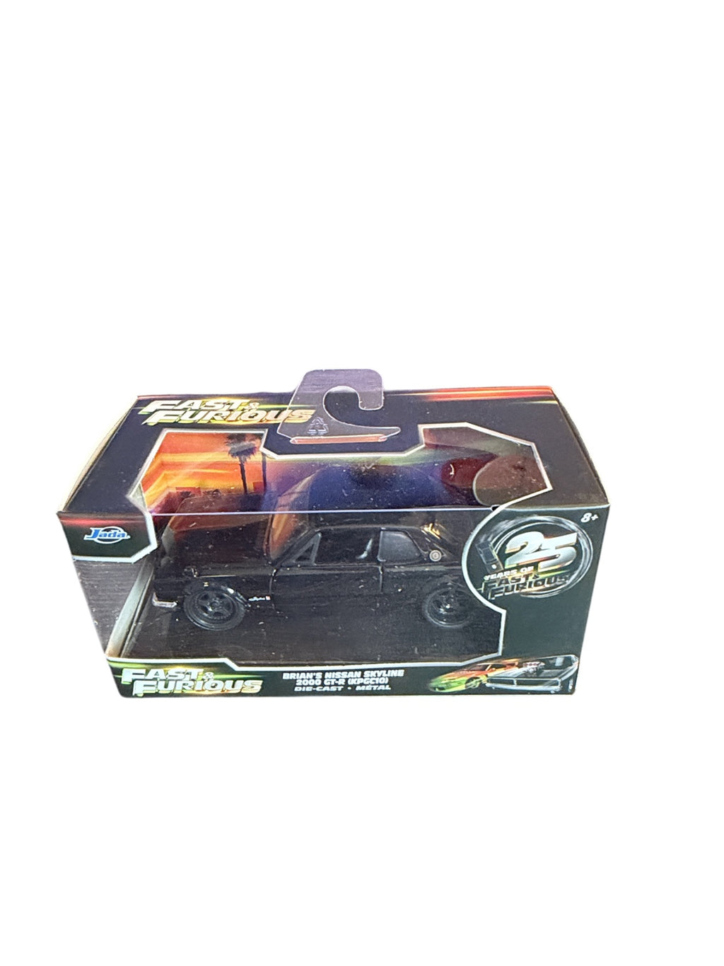 Front of boxed Jada Fast & Furious Brian’s black Nissan Skyline 2000 GT-R KPGC10