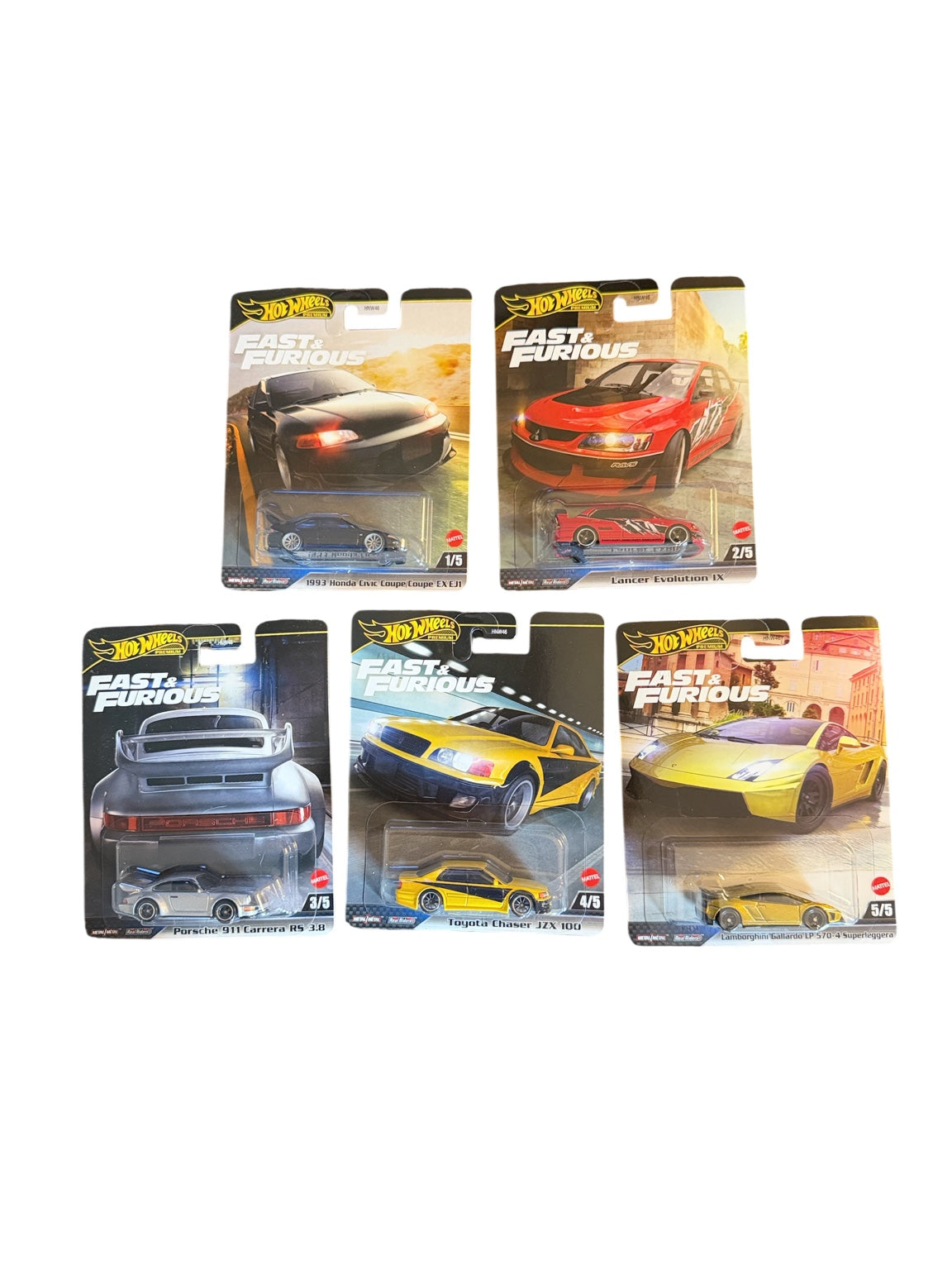 Front of complete five-card 2025 Hot Wheels Premium Fast & Furious Mix M set