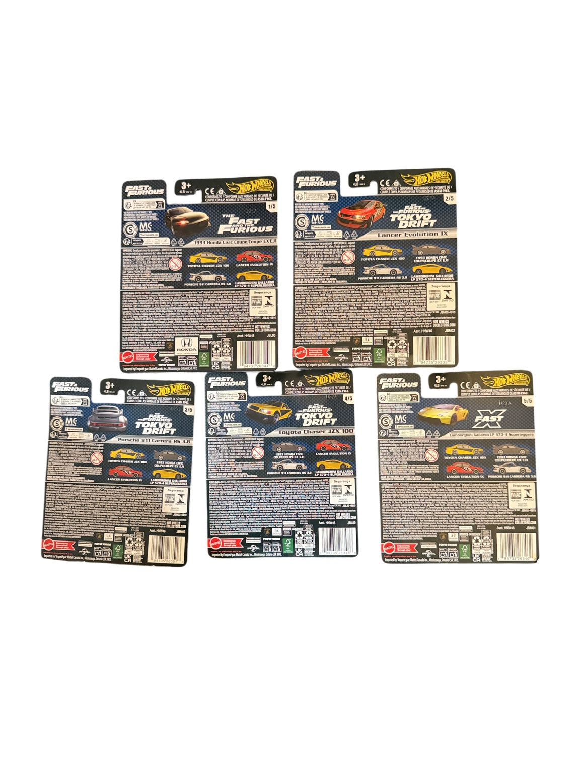 Back of all five Hot Wheels Premium Fast & Furious Mix M cards