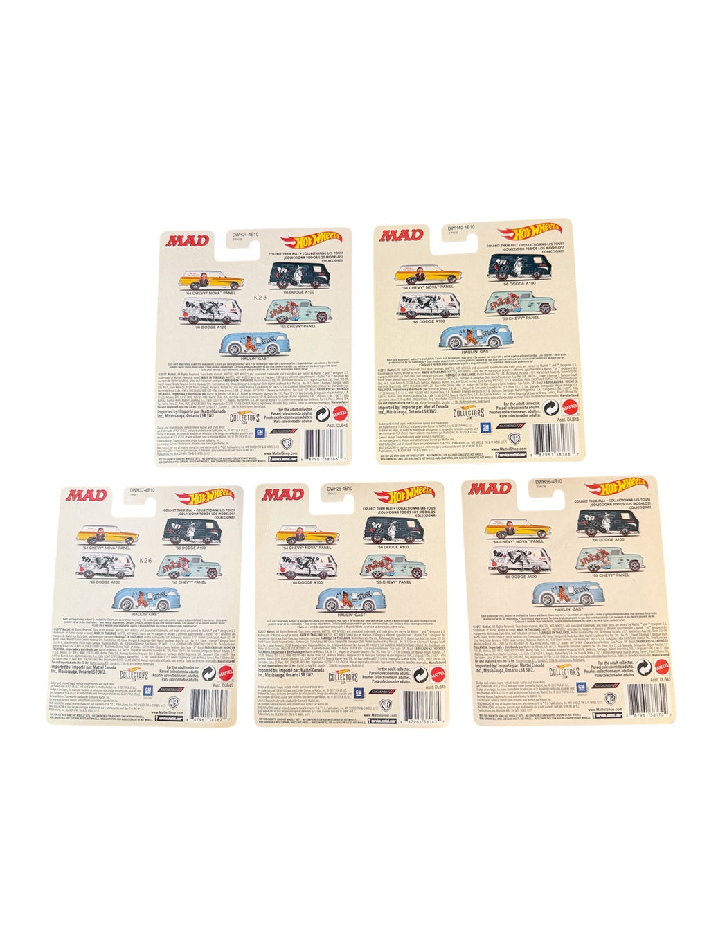 2017 Hot Wheels MAD Magazine complete five-car set card backs