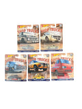 2018 Hot Wheels Shop Trucks complete five truck set fronts with Borla Silverado and Champion Chevy