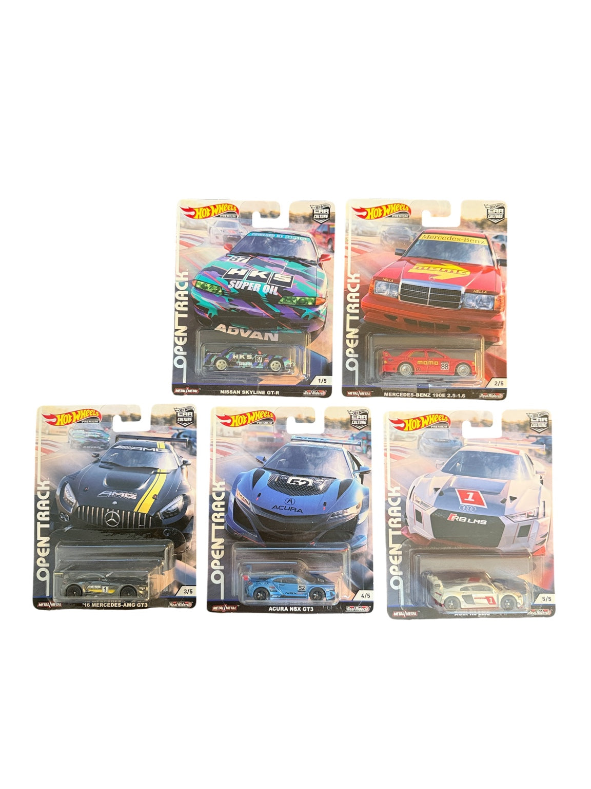 Hot Wheels Premium Open Track complete set of five sealed cars, fronts