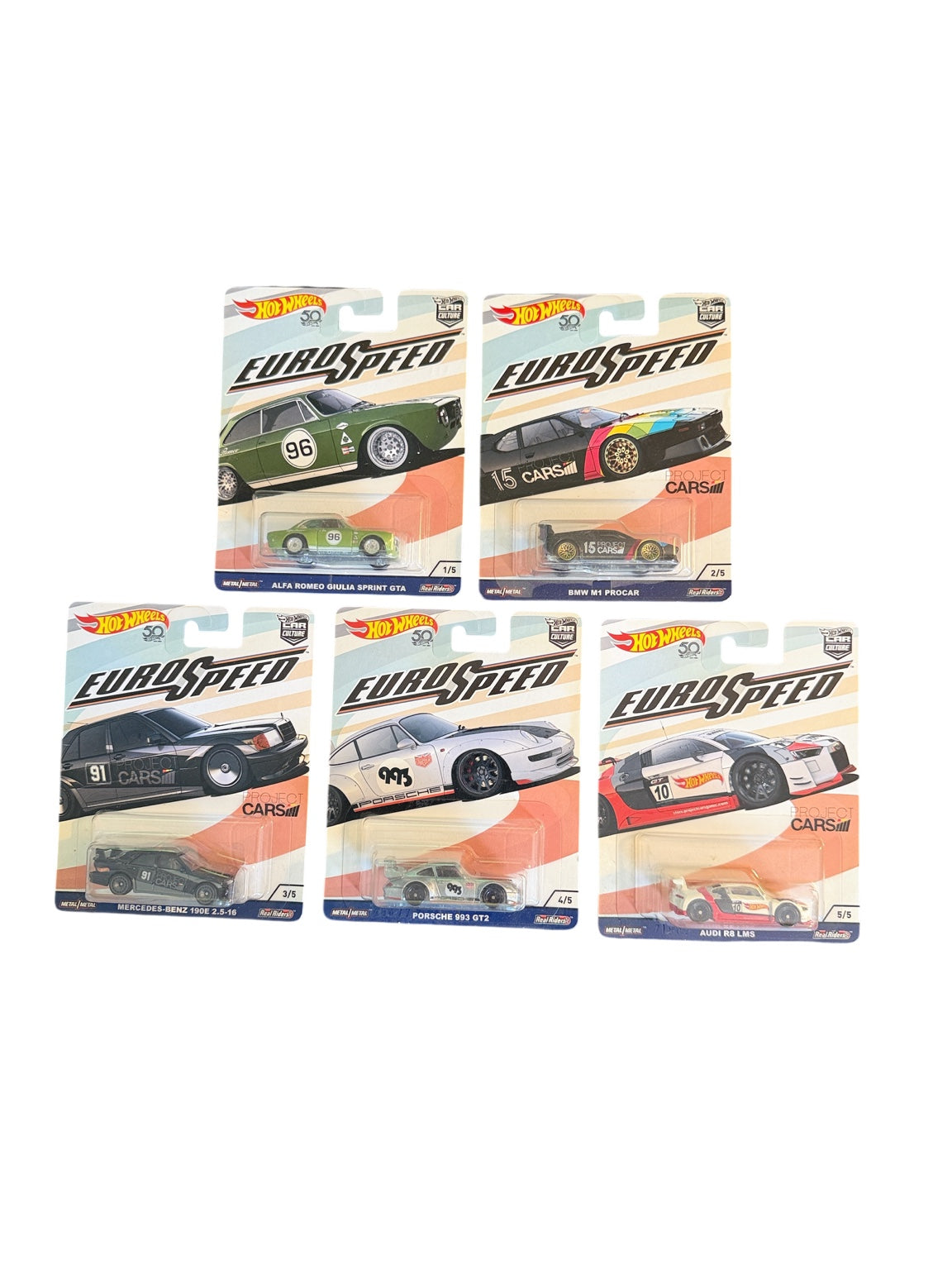 2018 Hot Wheels Car Culture Euro Speed complete five-car set, card fronts