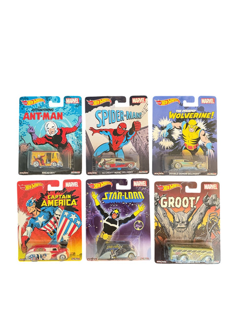 2015 Hot Wheels Marvel Pop Culture complete six-car set front