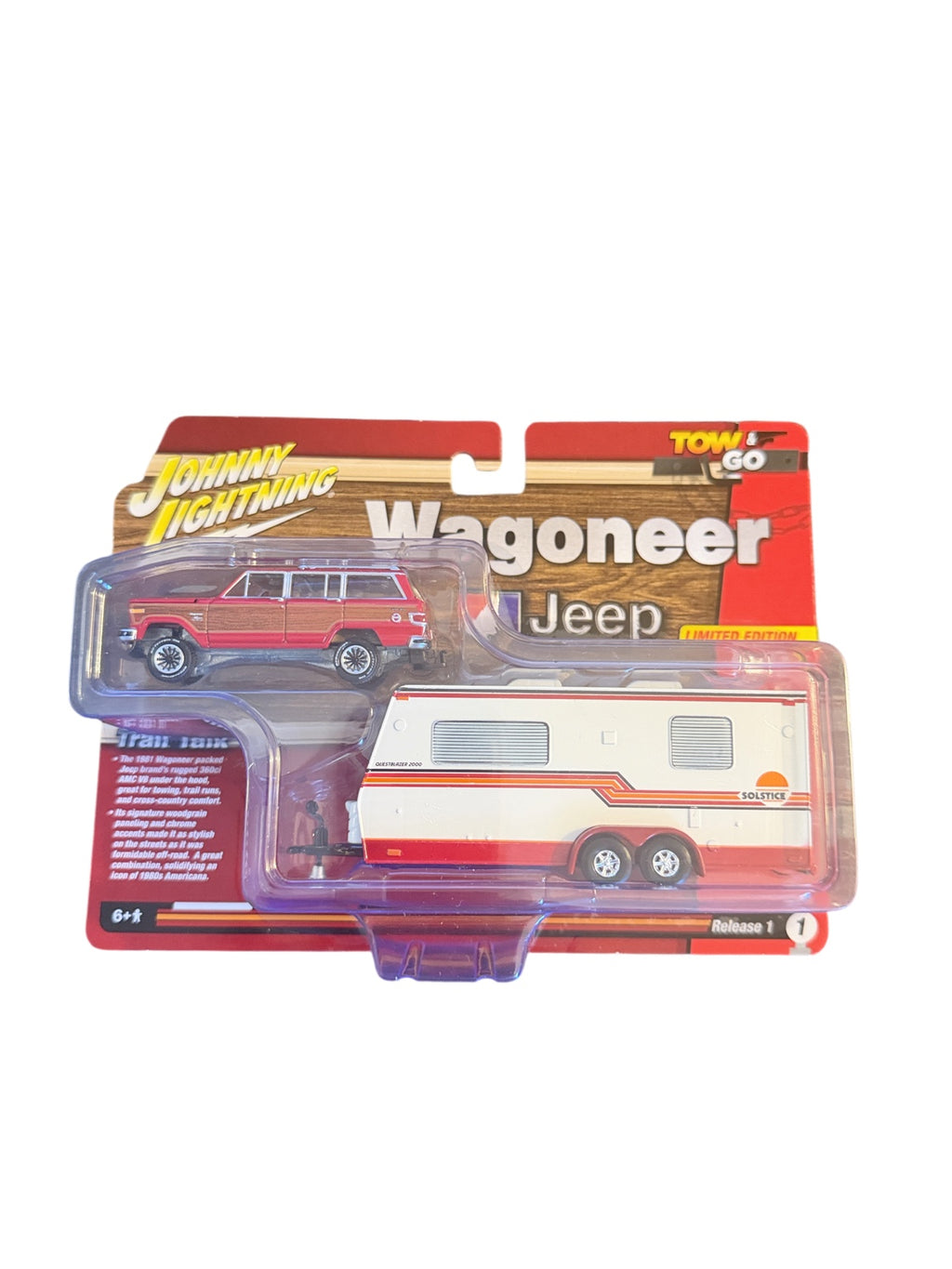 Johnny Lightning 1981 Jeep Wagoneer Oriental Red with Solstice camper front packaging