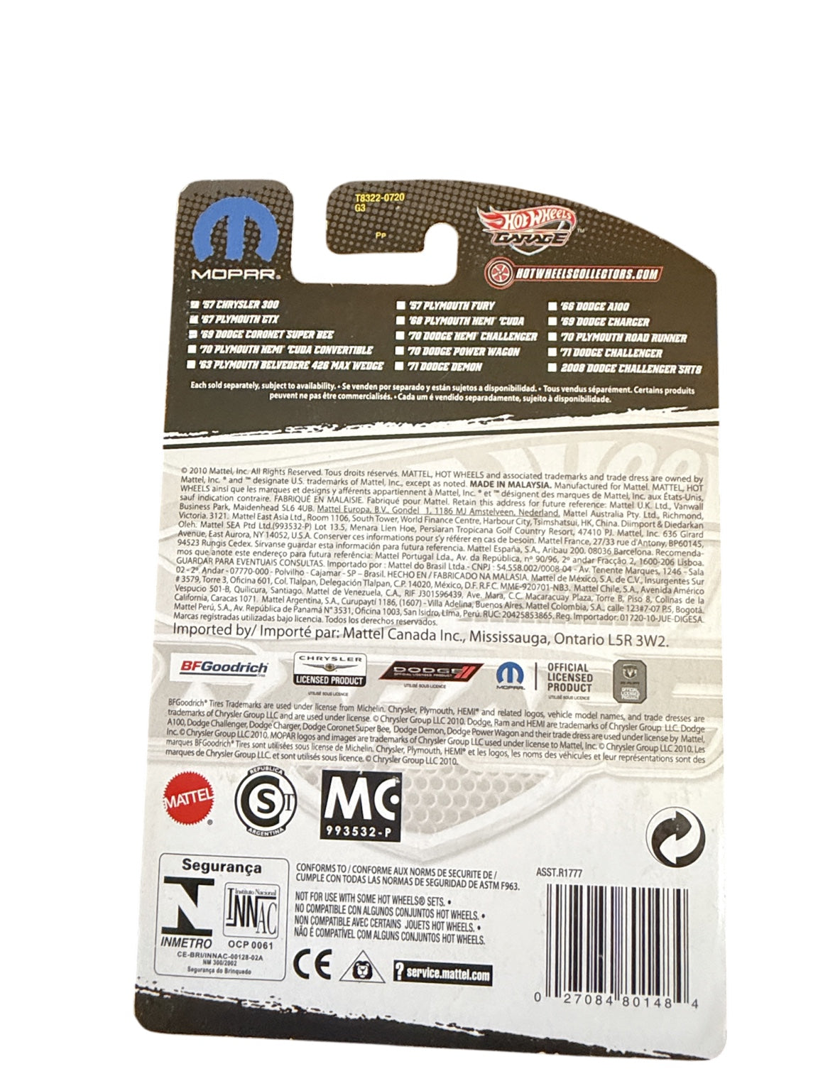 Hot Wheels Garage Mopar Road Runner T8322 rear card and UPC 027084801484
